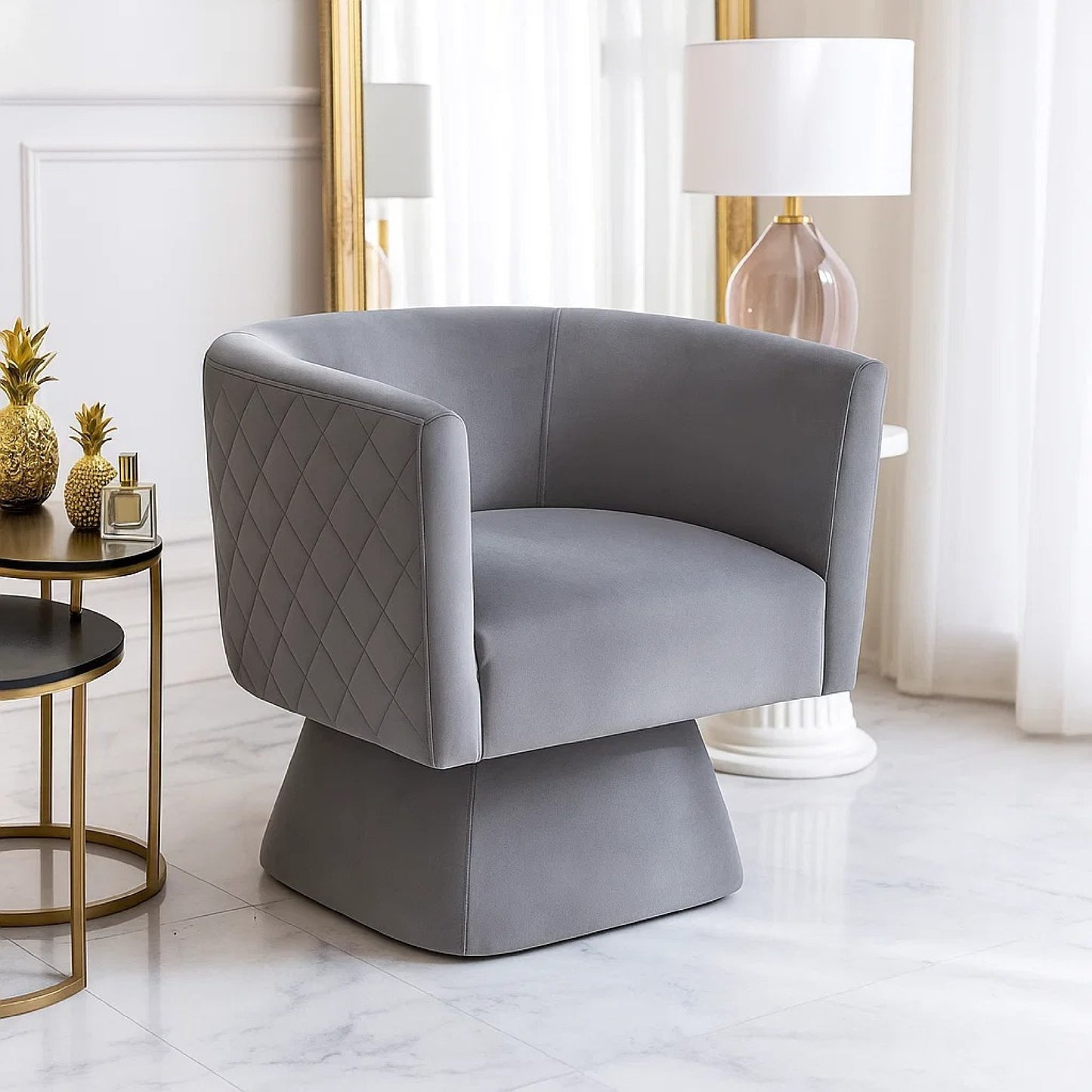 Cabe Swivel Accent Armchair, Diamond Stitch Back, Modern Gray Velvet
