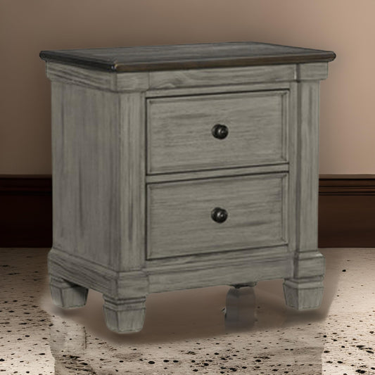 Cadie 29 Inch Nightstand, 2 Drawers, Coffee Brown, Antique Gray Wood