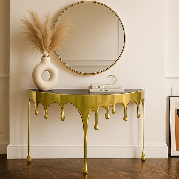 Capri Sofa Console Table | 36.25" Half Moon Glass Top | Melting Drip Design | Aluminum Cast | Silver