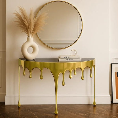 Capri Sofa Console Table | 36.25" Half Moon Glass Top | Melting Drip Design | Aluminum Cast | Silver