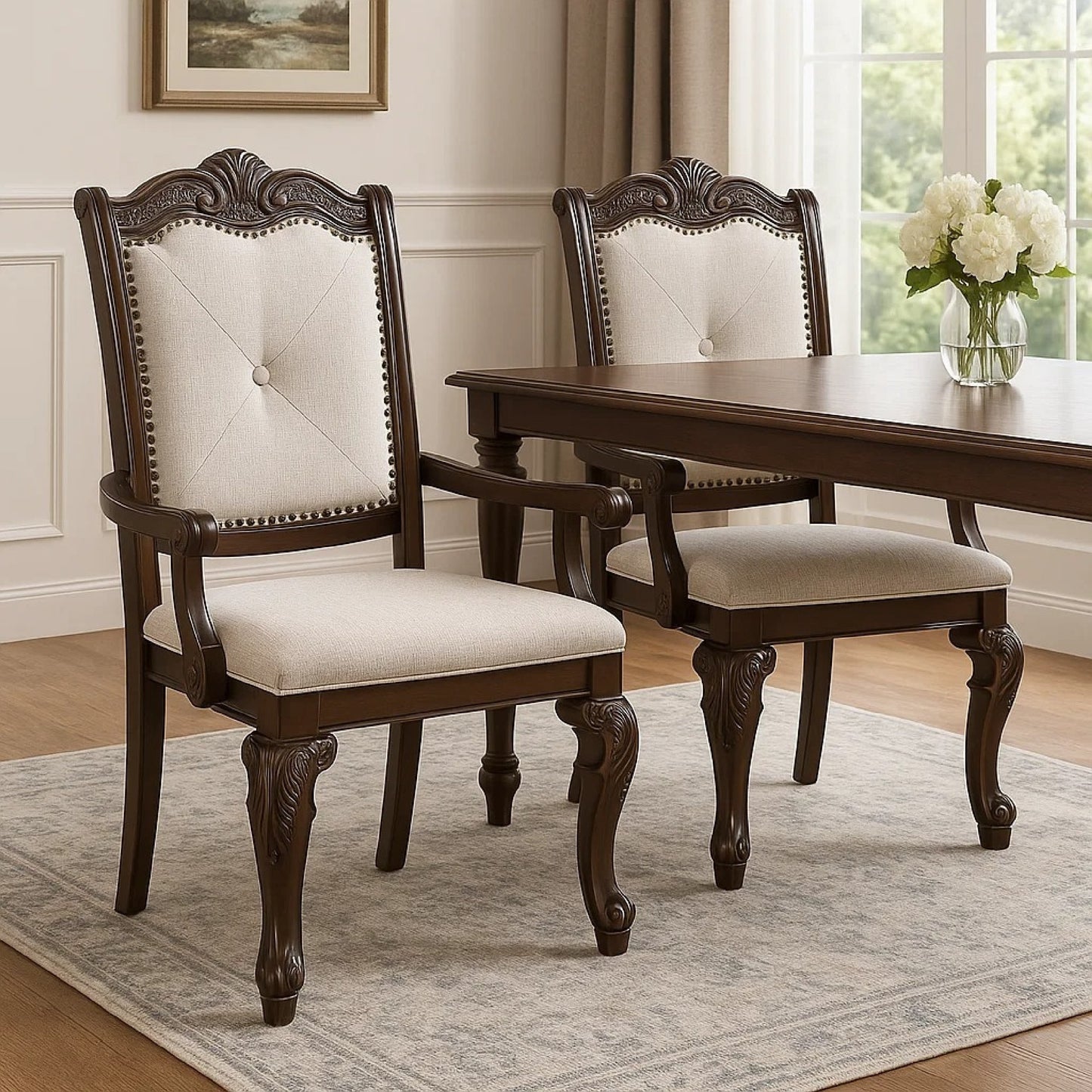 Cary Dining Armchair Set of 2, Beige Linen, Scrolled Coffee Brown Wood