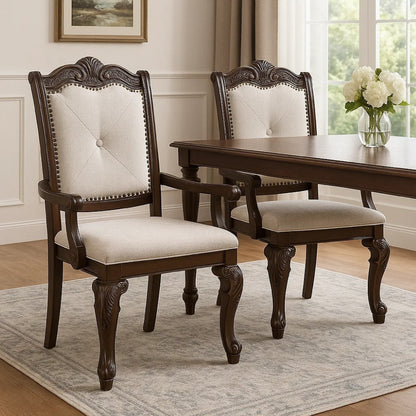 Cary Dining Armchair Set of 2, Beige Linen, Scrolled Coffee Brown Wood