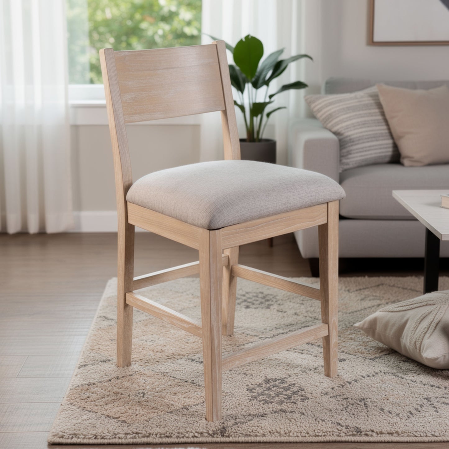 Casy Counter Height Chair Set of 2, Gray Cushion, Natural Brown Solid Wood
