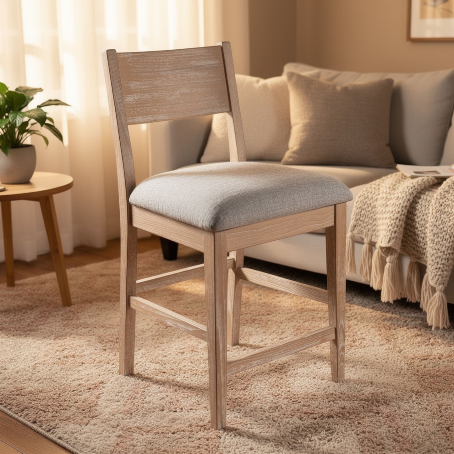 Casy Counter Height Chair Set of 2, Gray Cushion, Natural Brown Solid Wood