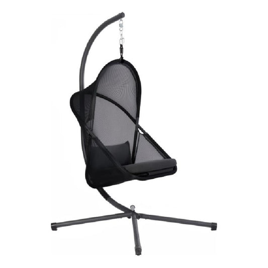 Cery Outdoor Egg Swing Chair, Foldable Stand, Coastal Black Cushion