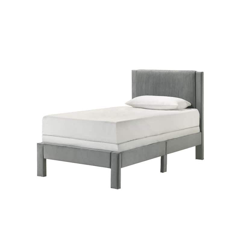 Cery Twin Size Platform Bed, Light Gray Upholstery, Textured Headboard
