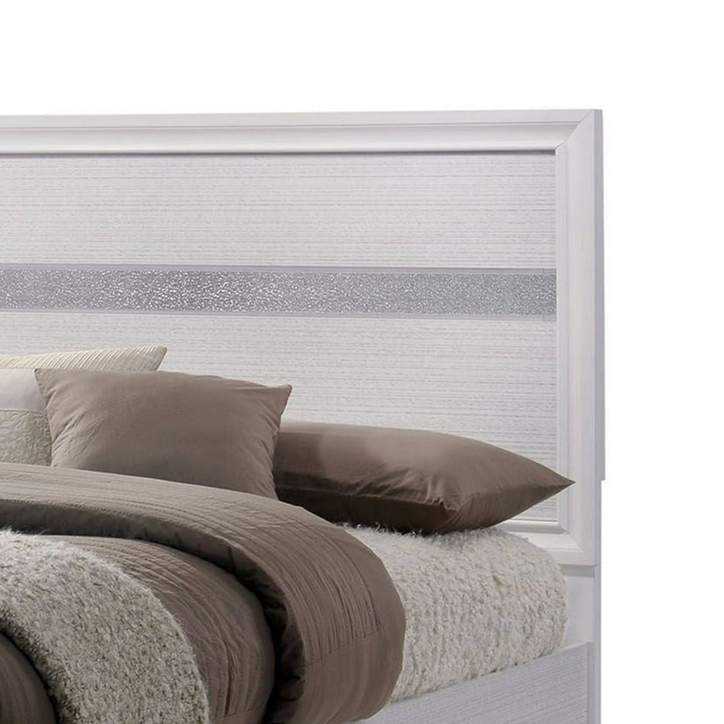 Cevy Queen Size Bed, Footboard Drawers, Black Wood w Glitter Accents