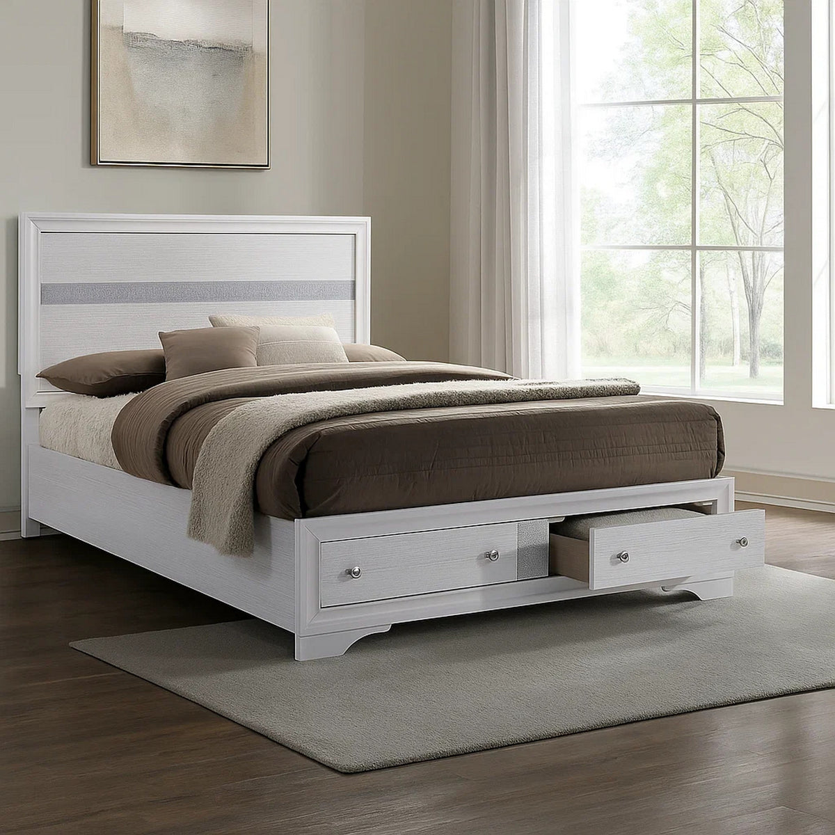 Cevy Bed, Footboard Drawers, Wood w Glitter Accents – White