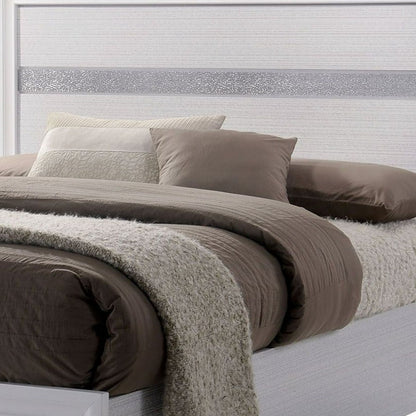 Cevy Full Size Bed, Footboard Drawers, White Wood w Glitter Accents