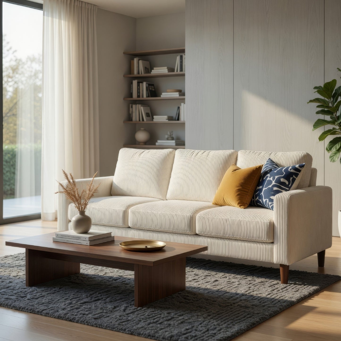 Cey Sofa, Taupe Corduroy Upholstery, Modern Style Brown Legs, 77 Inch