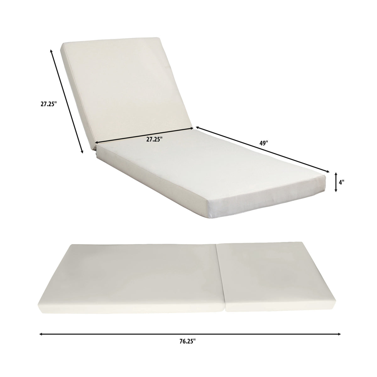 Chaise Lounger Cushion, 76 Inch, PU Foam, Cream Waterproof Fabric