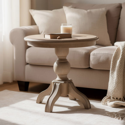 Cherie Round End Table, Light White Washed Solid Rubberwood, 24 Inch