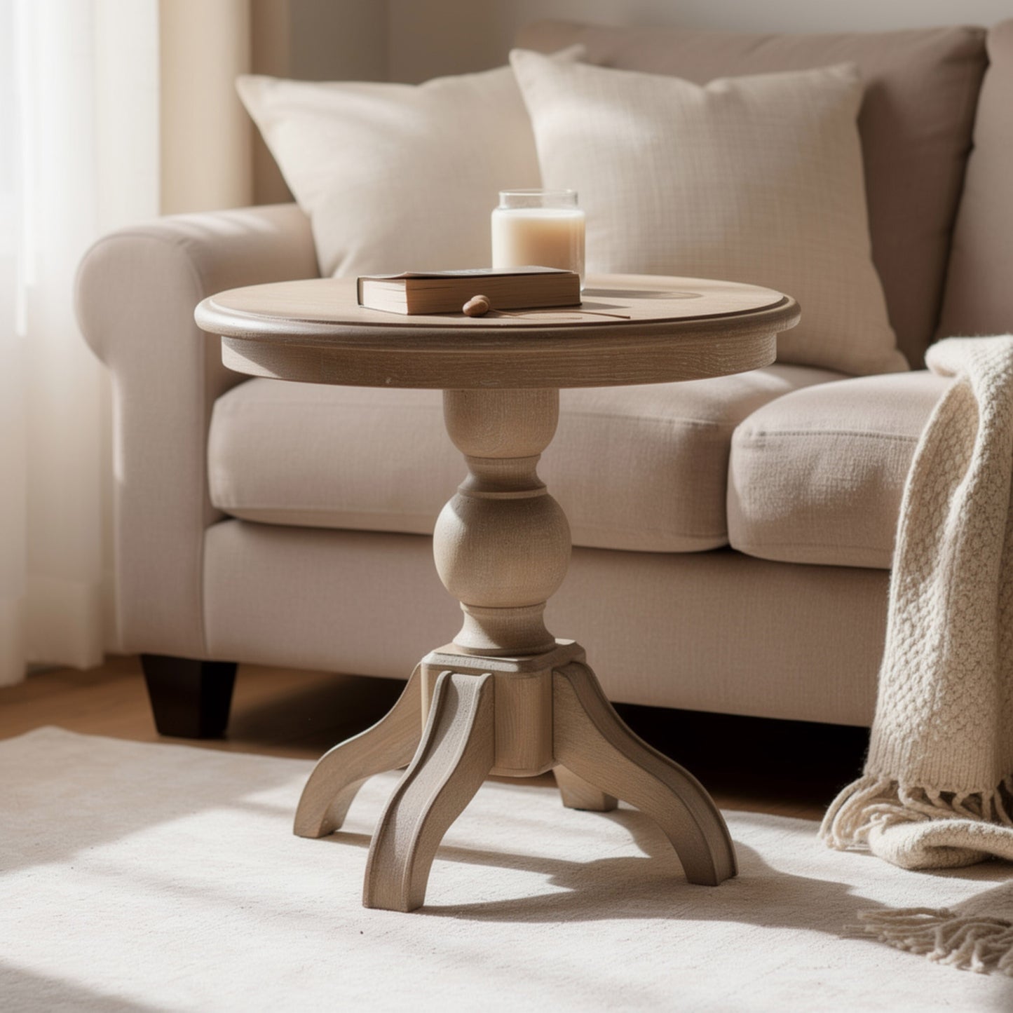 Cherie Round End Table, Light White Washed Solid Rubberwood, 24 Inch