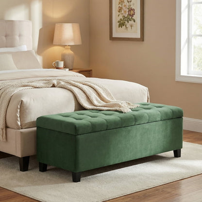 Accent Ottoman Bench, Tufted 52 Inch Rectangular Orange Fabric Seat
