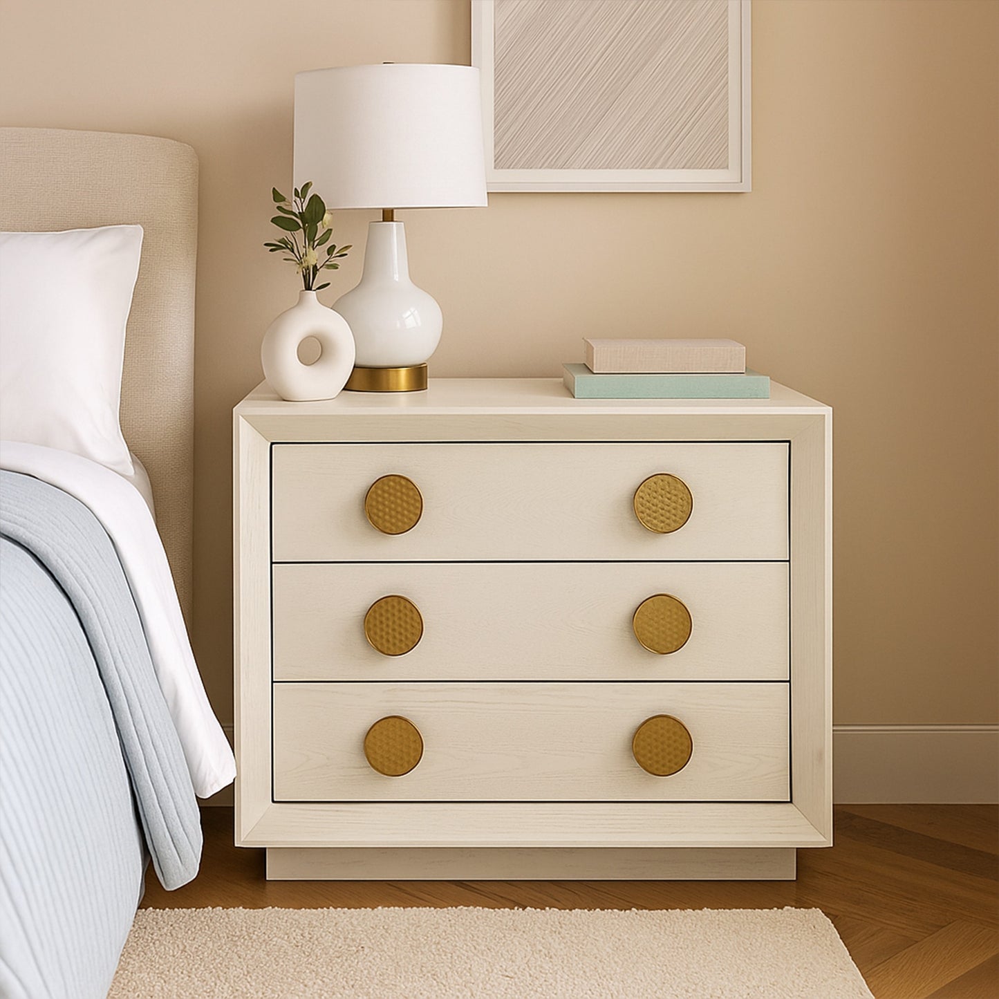 Cid Jorie 39 Inch Nightstand, 3 Drawers, Cream White Wood, Steel Handles