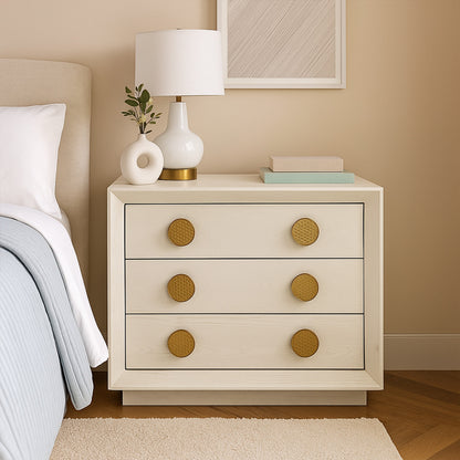 Cid Jorie 39 Inch Nightstand, 3 Drawers, Cream White Wood, Steel Handles