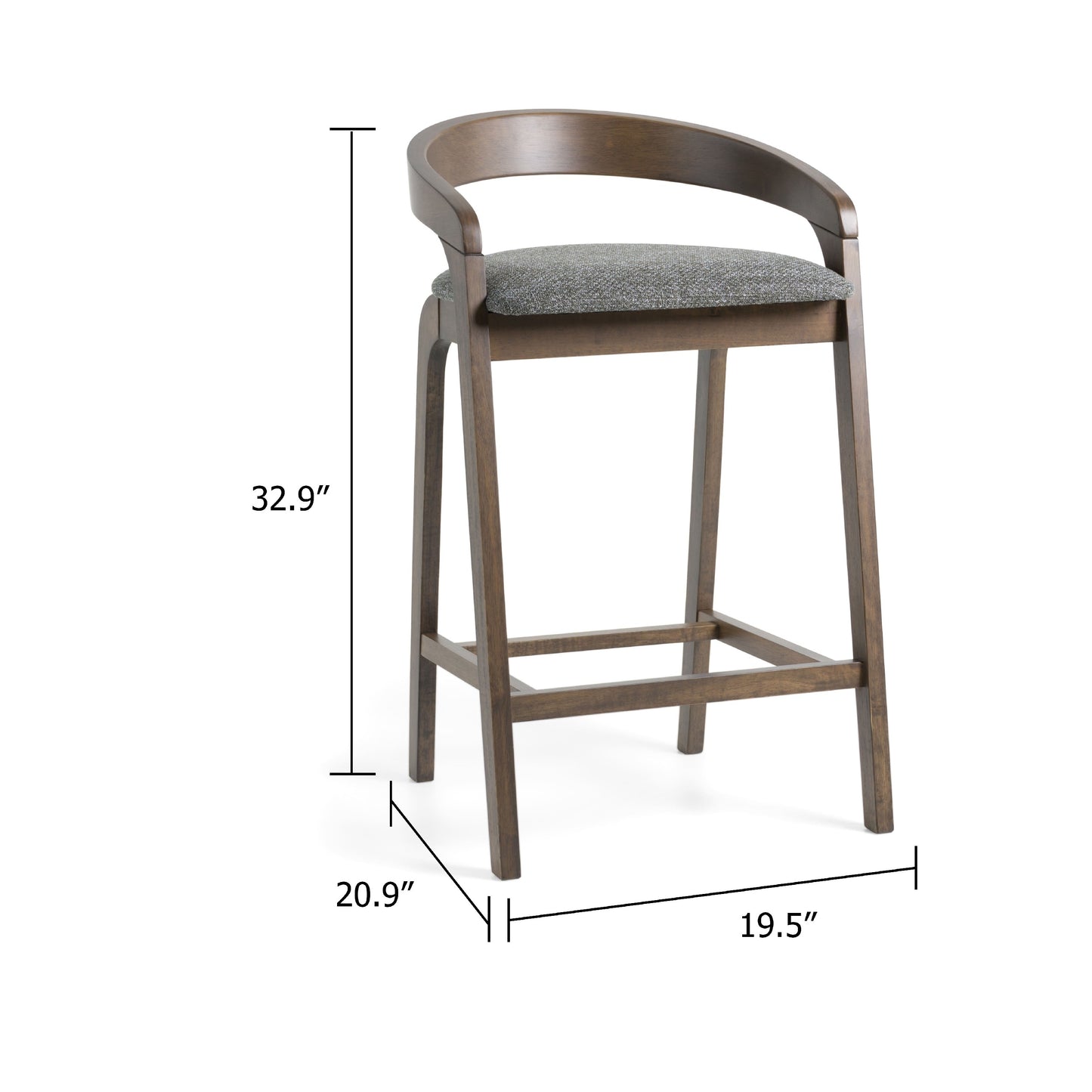 Cid Lenn Counter Stool Chair Set of 2, Gray Fabric, Curved Brown Rubberwood