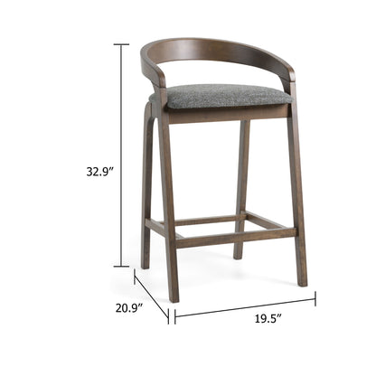Cid Lenn Counter Stool Chair Set of 2, Gray Fabric, Curved Brown Rubberwood