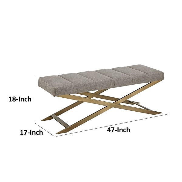 Cid Shia 47 Inch Accent Bench, Tufted Gray, X Shape Brushed Brass Legs