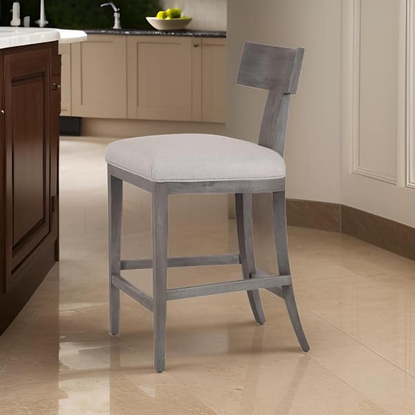Cid Sten 27 Inch Counter Height Chair, T Shape Back, Soft Beige Linen, Gray