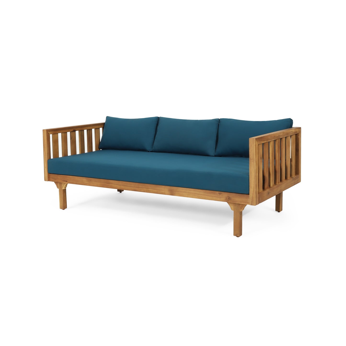 Clara Outdoor 3 Seater Daybed Sofa, Slatted Teak Wood, Blue Fabric