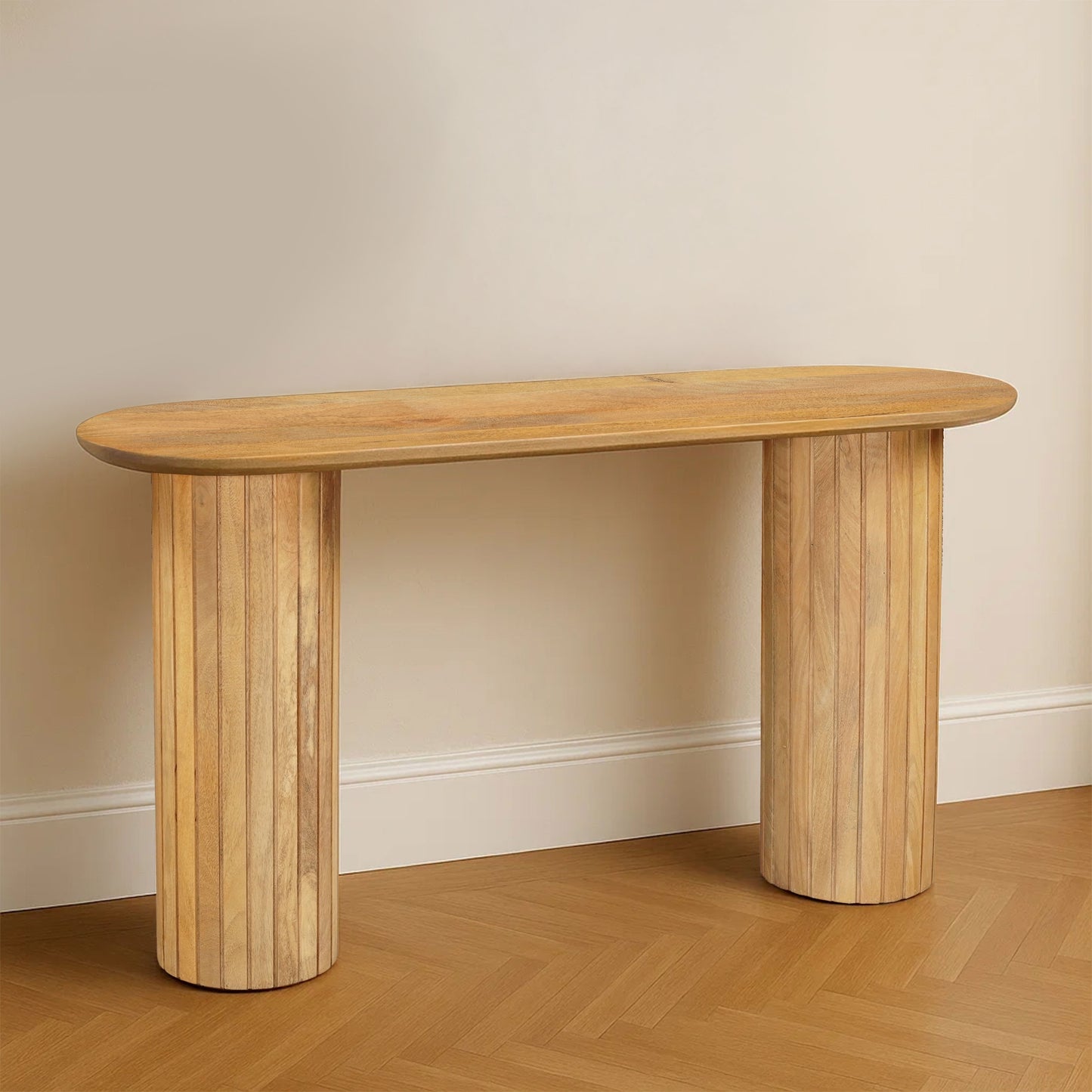 Cleo 54 Inch Sofa Console Table, Rounded Corners, Ribbed Pillar Legs, Golden Oak Brown Mango Wood