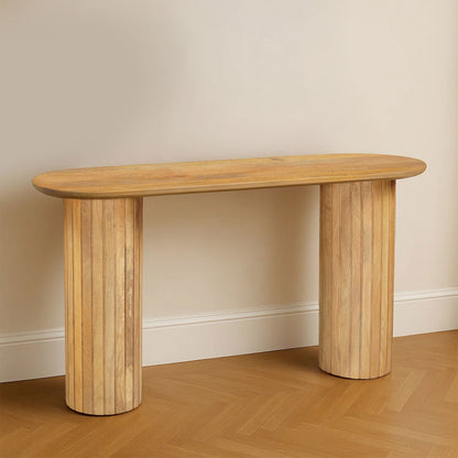 Cleo 54 Inch Sofa Console Table, Rounded Corners, Ribbed Pillar Legs, Golden Oak Brown Mango Wood