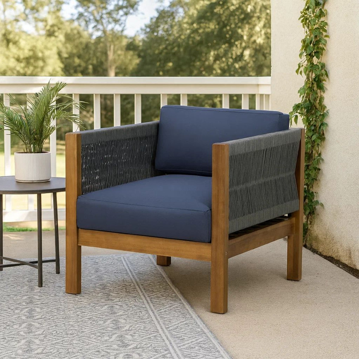 Club Lounge Chair, Woven Rattan Rope, Brown Acacia Wood, Gray Fabric