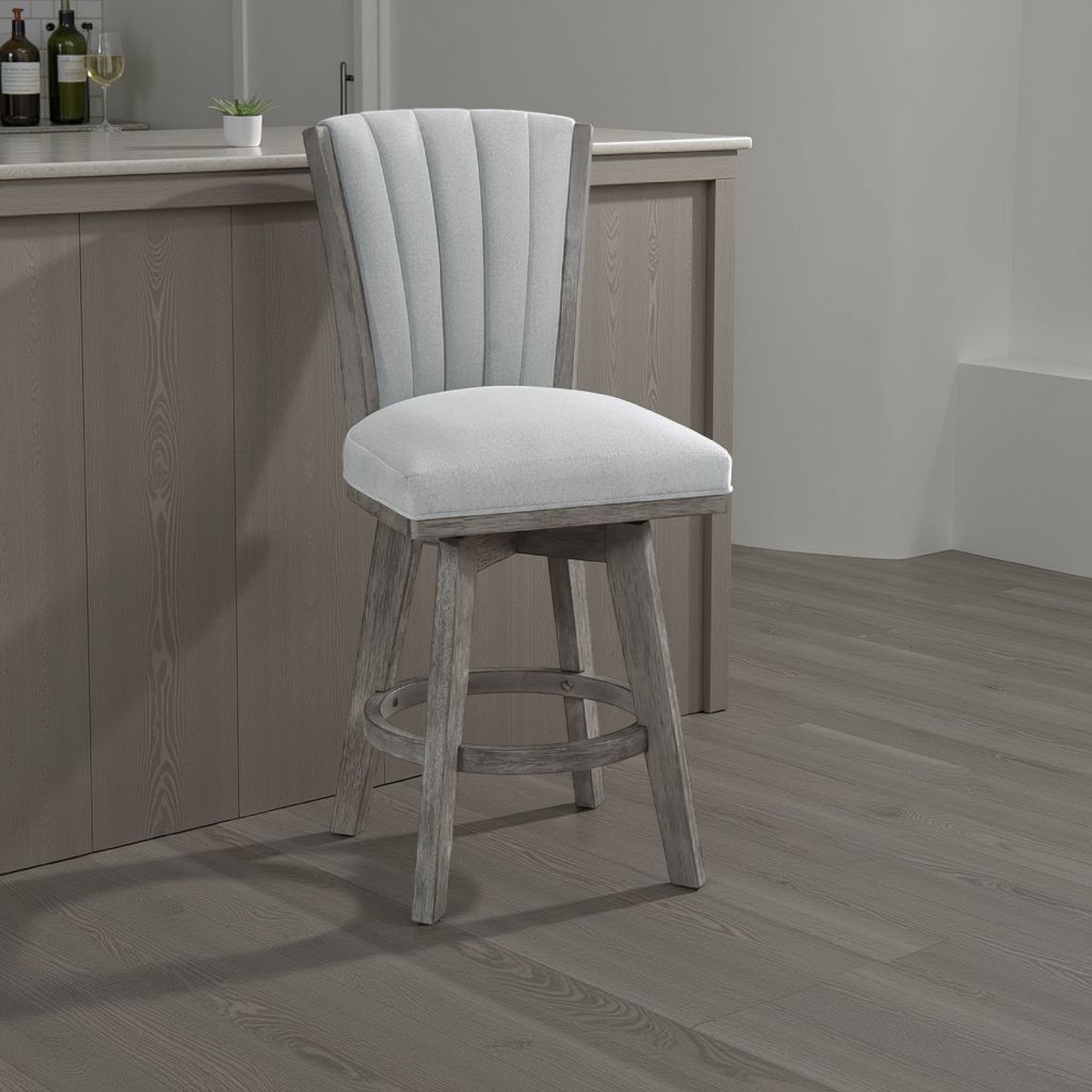 Core Set of 2 Swivel Barstool Chairs, Gray Wood, Channeled Velvet