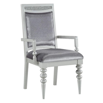 Crystal Inlaid Fabric Upholstered Wooden Arm Chair, Set of 2, Silver