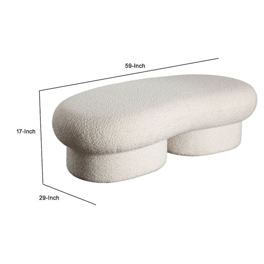 Curved Accent Bench, Solid Wood Frame, Soft Ivory Boucle Upholstery, 59 Inch