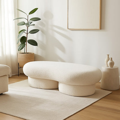 Curved Accent Bench, Solid Wood Frame, Soft Ivory Boucle Upholstery, 59 Inch