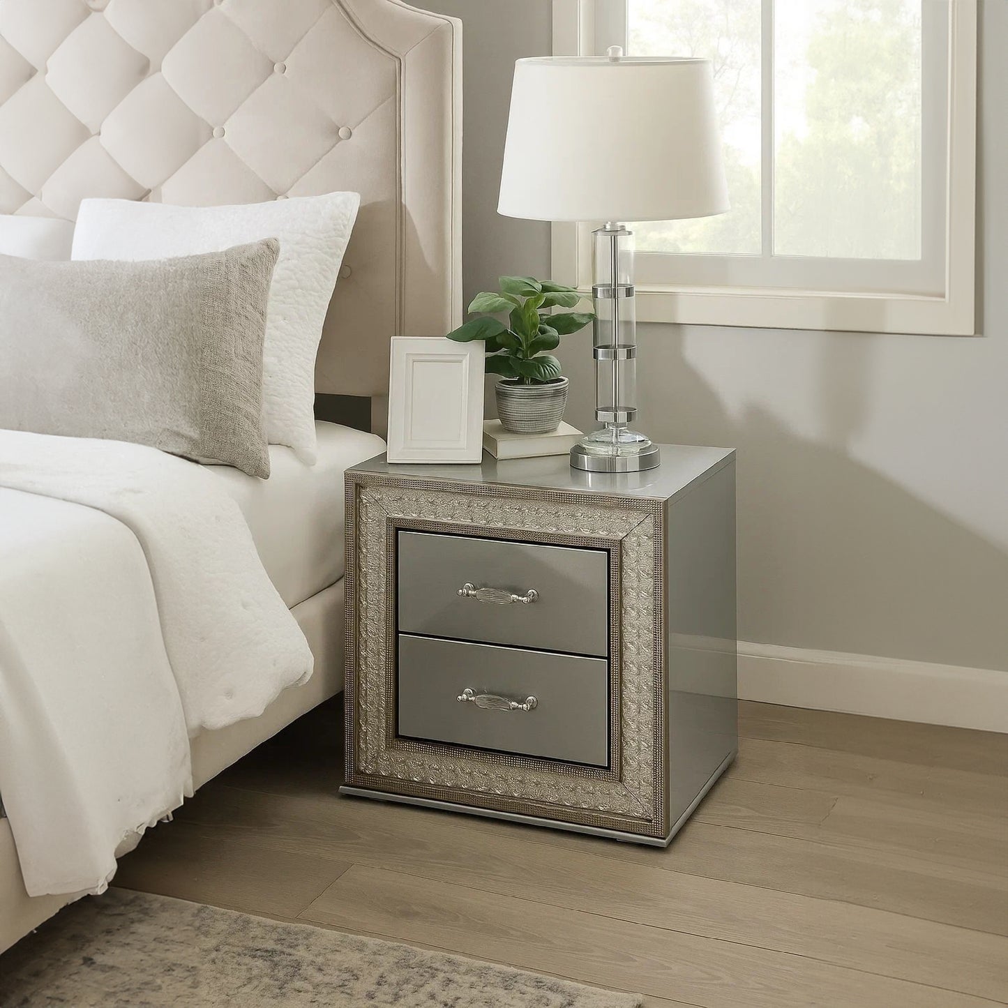 Cyl Nightstand with 2 Drawers, Scale Molding Trim, Metallic Gray Wood