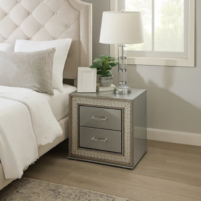 Cyl Nightstand with 2 Drawers, Scale Molding Trim, Metallic Gray Wood