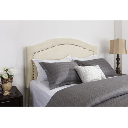 King size Padded Upholstered Headboard with Nailheads in Linen Color