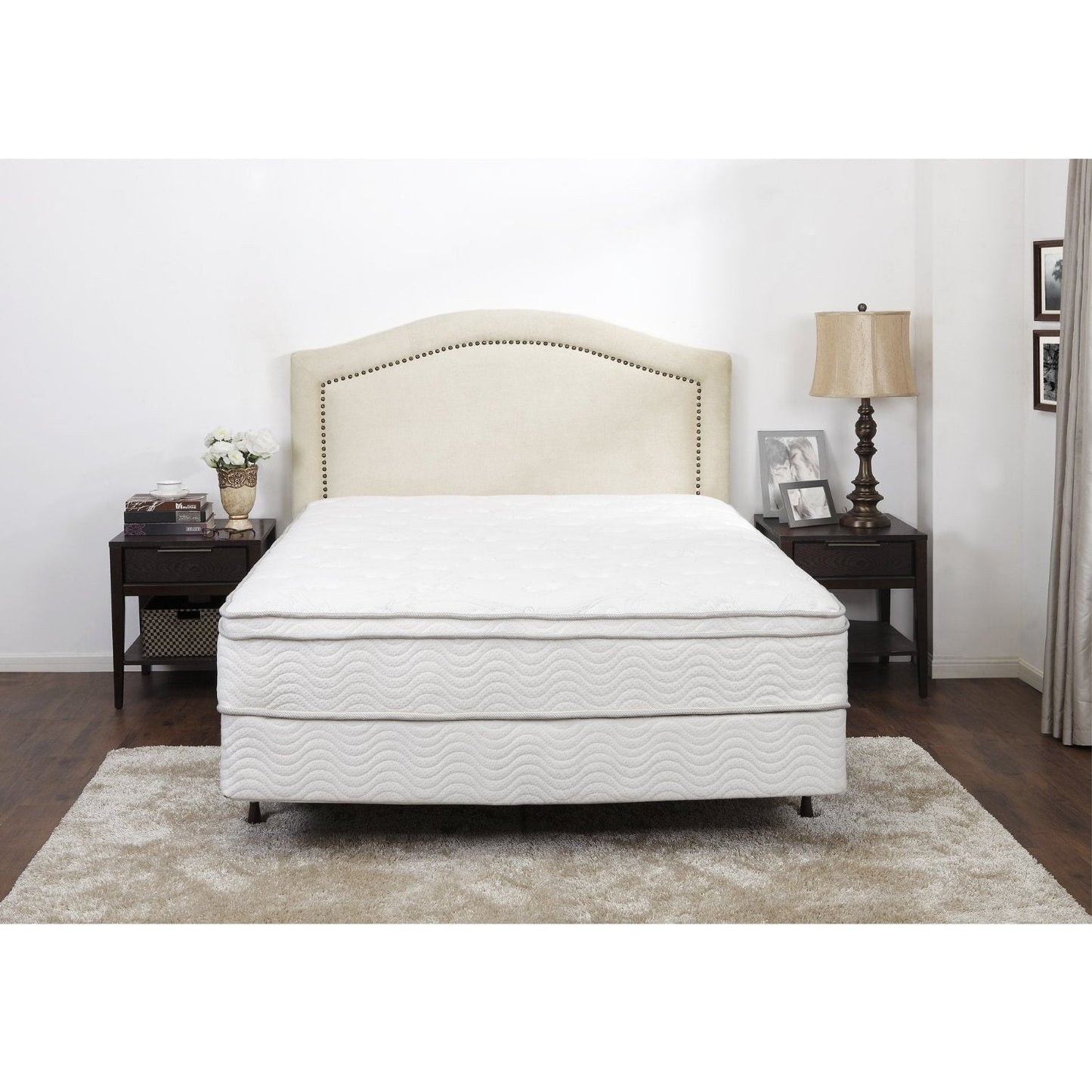 King size Padded Upholstered Headboard with Nailheads in Linen Color