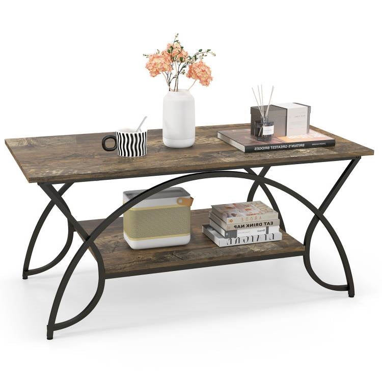 Rustic Farmhouse 2 Tier Brown Wood Coffee Table with Curved Metal Legs — Chic Home-Decor