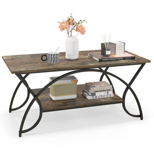 Rustic Farmhouse 2 Tier Brown Wood Coffee Table with Curved Metal Legs — Chic Home-Decor