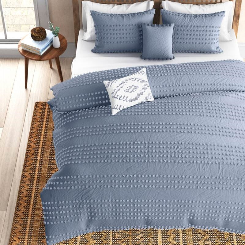 King size 5-Piece 100-Percent Cotton Clip Dot Boho Comforter Set in Denim Blue — Chic Home-Decor