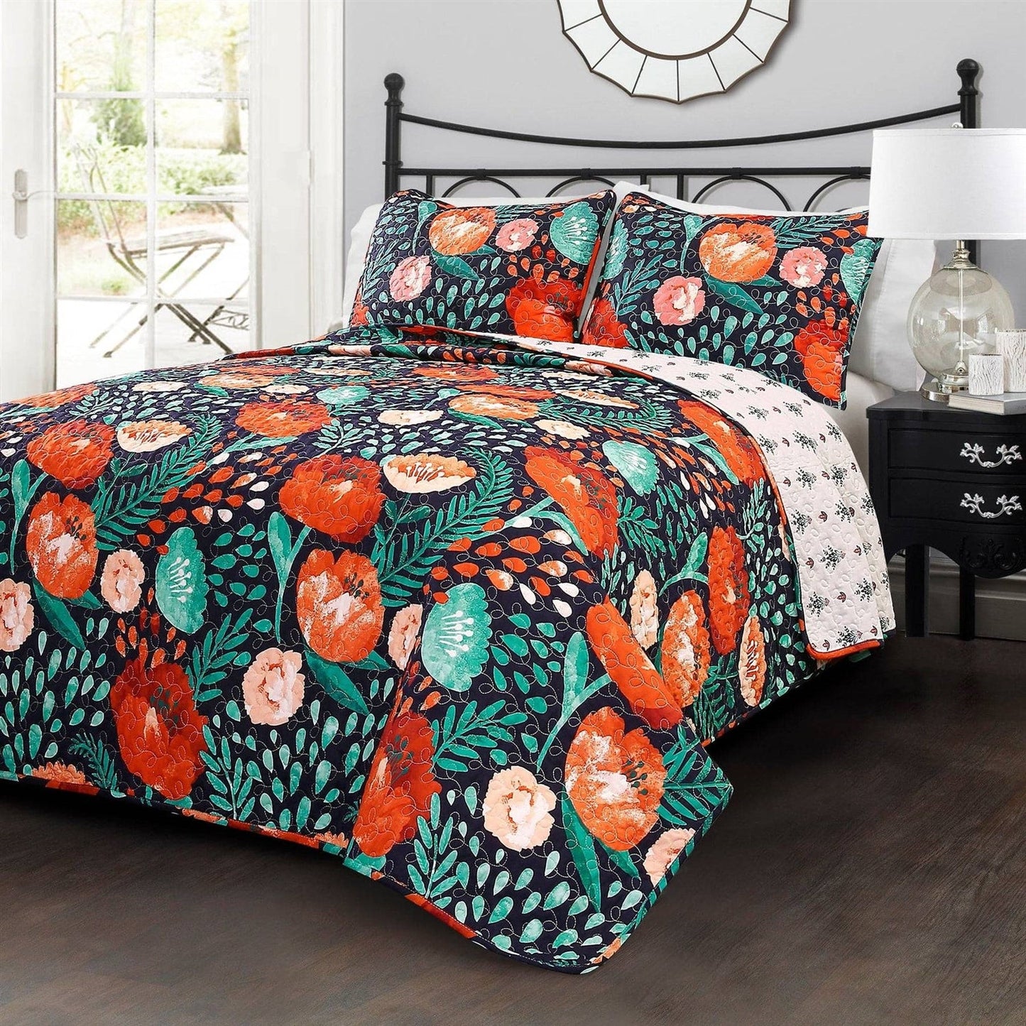 Full/Queen Floral Red Poppy Navy Teal Lightweight 3 Piece Cotton Quilt Set — Chic Home-Decor