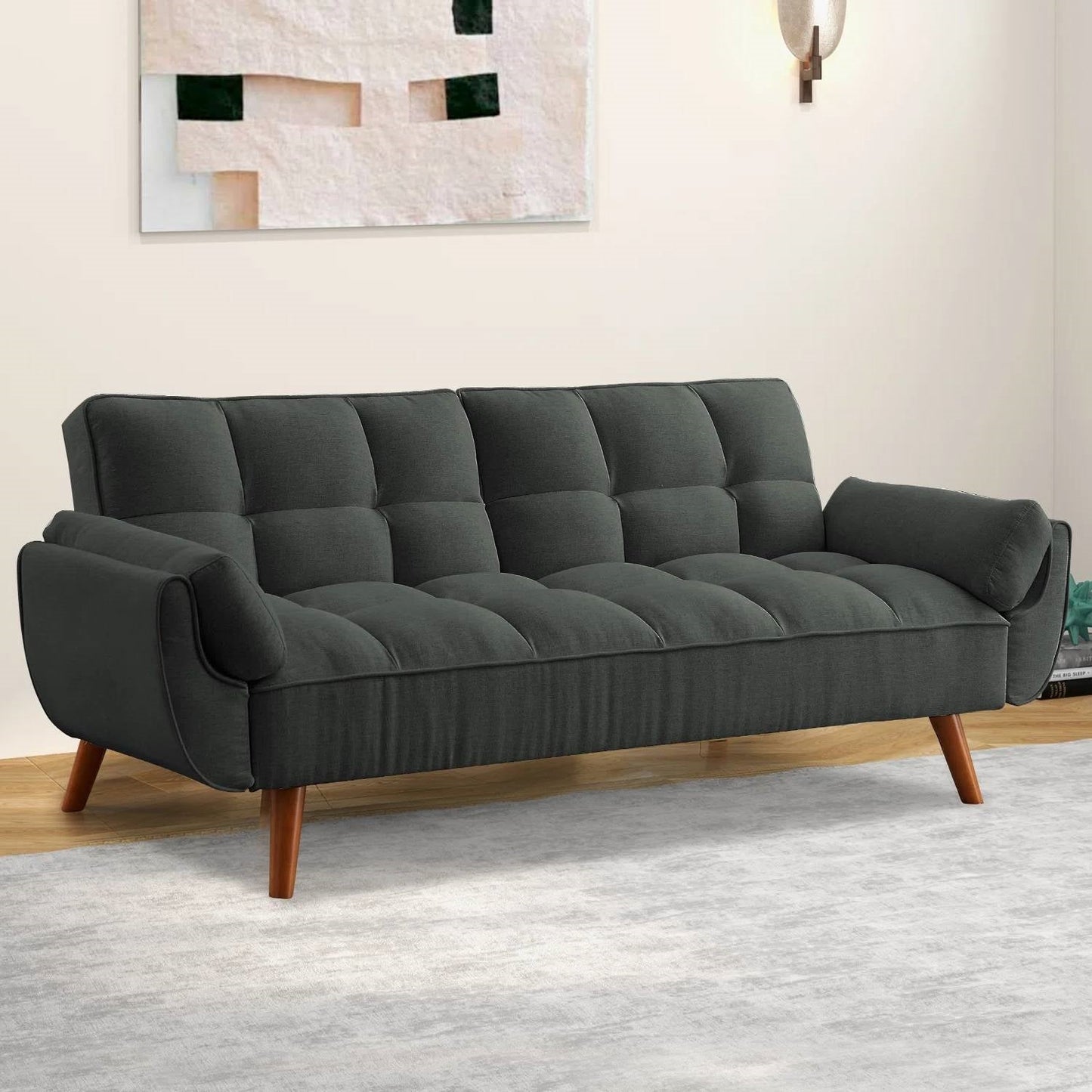 Mid-Century Modern Sofa Bed in Dark Grey Linen Polyester Tufted Upholstery — Chic Home-Decor