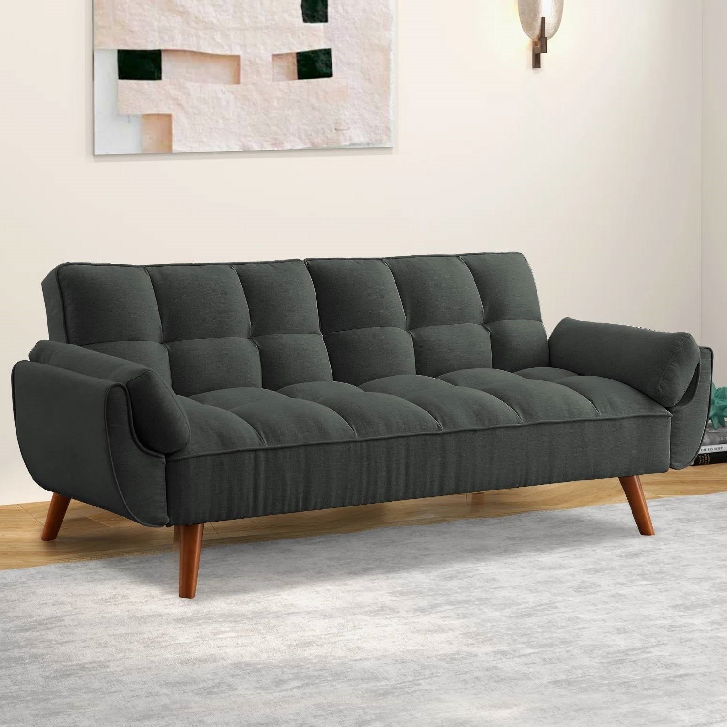 Mid-Century Modern Sofa Bed in Dark Grey Linen Polyester Tufted Upholstery — Chic Home-Decor