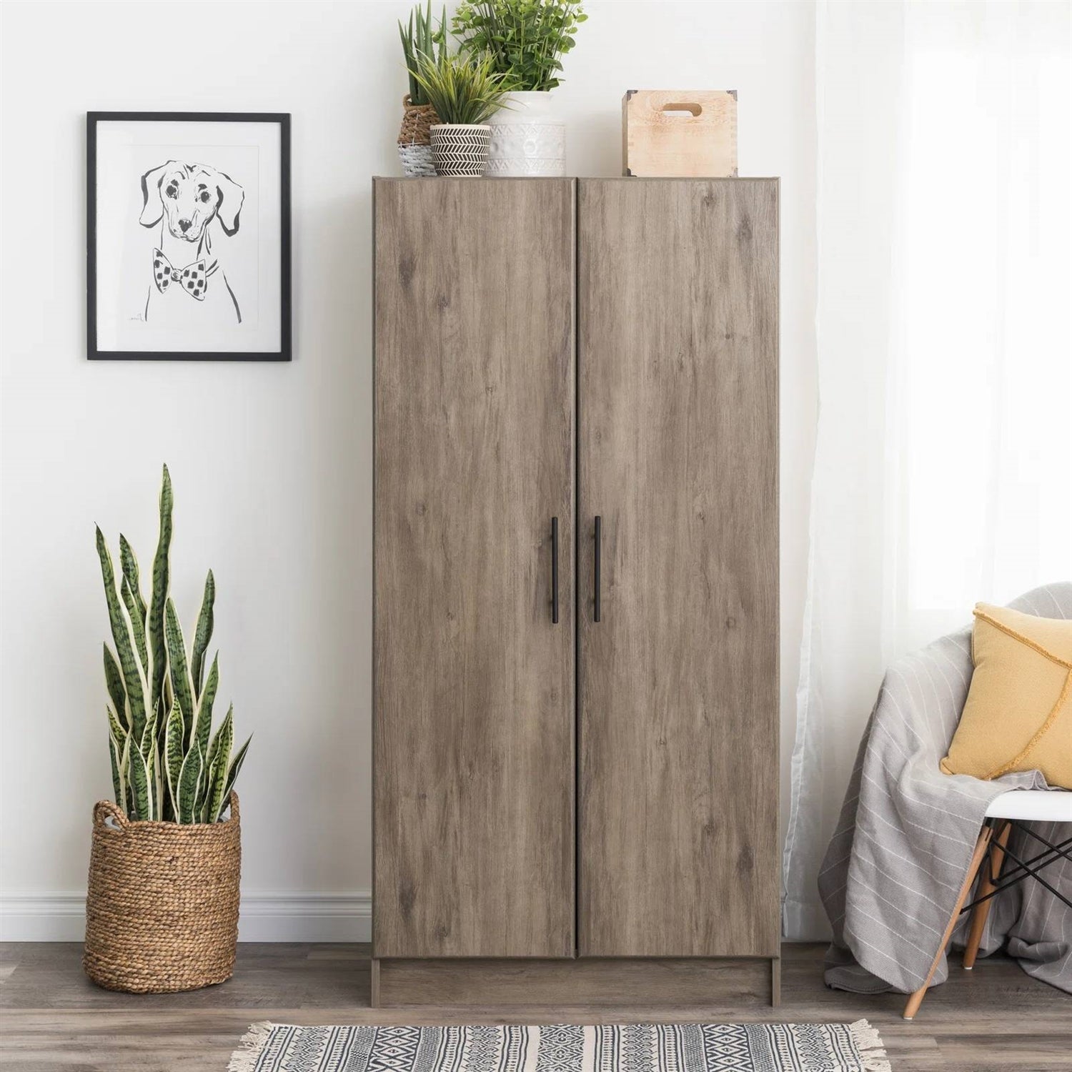 Bedroom Armoire Wardrobe Cabinet with Hanging Rail in Grey Brown Wood Finish — Chic Home-Decor