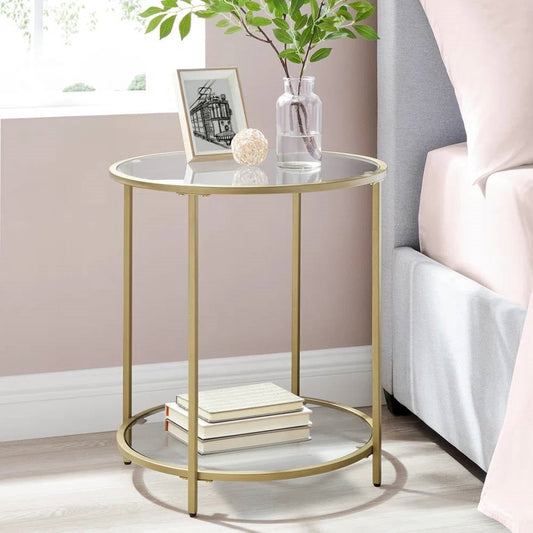 Modern Glass Top Round Metal End Table Nightstand with Bottom Shelf in Gold — Chic Home-Decor