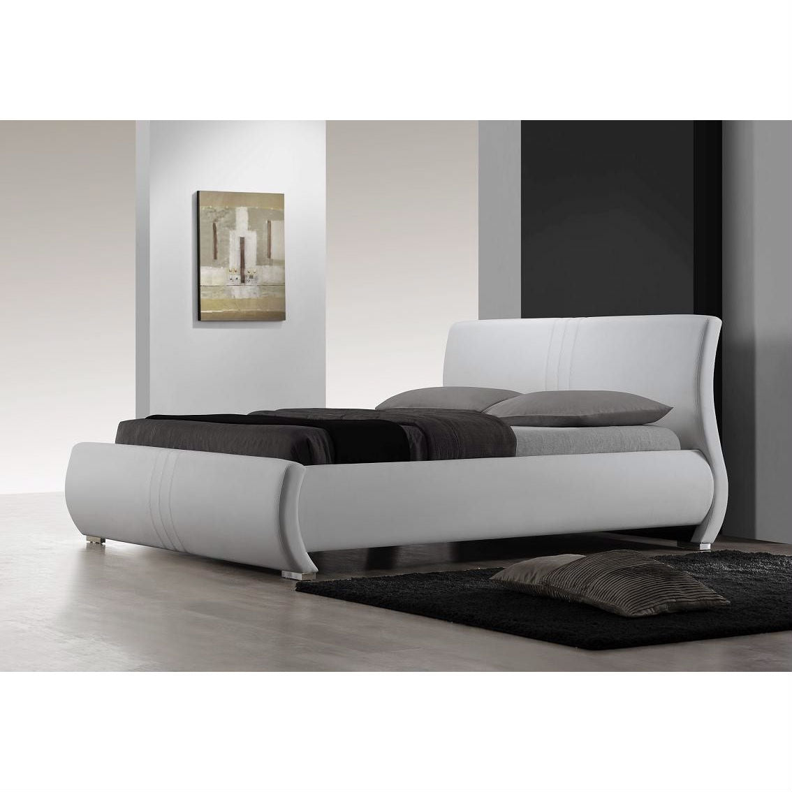Queen size Modern White Faux Leather Upholstered Platform Bed
