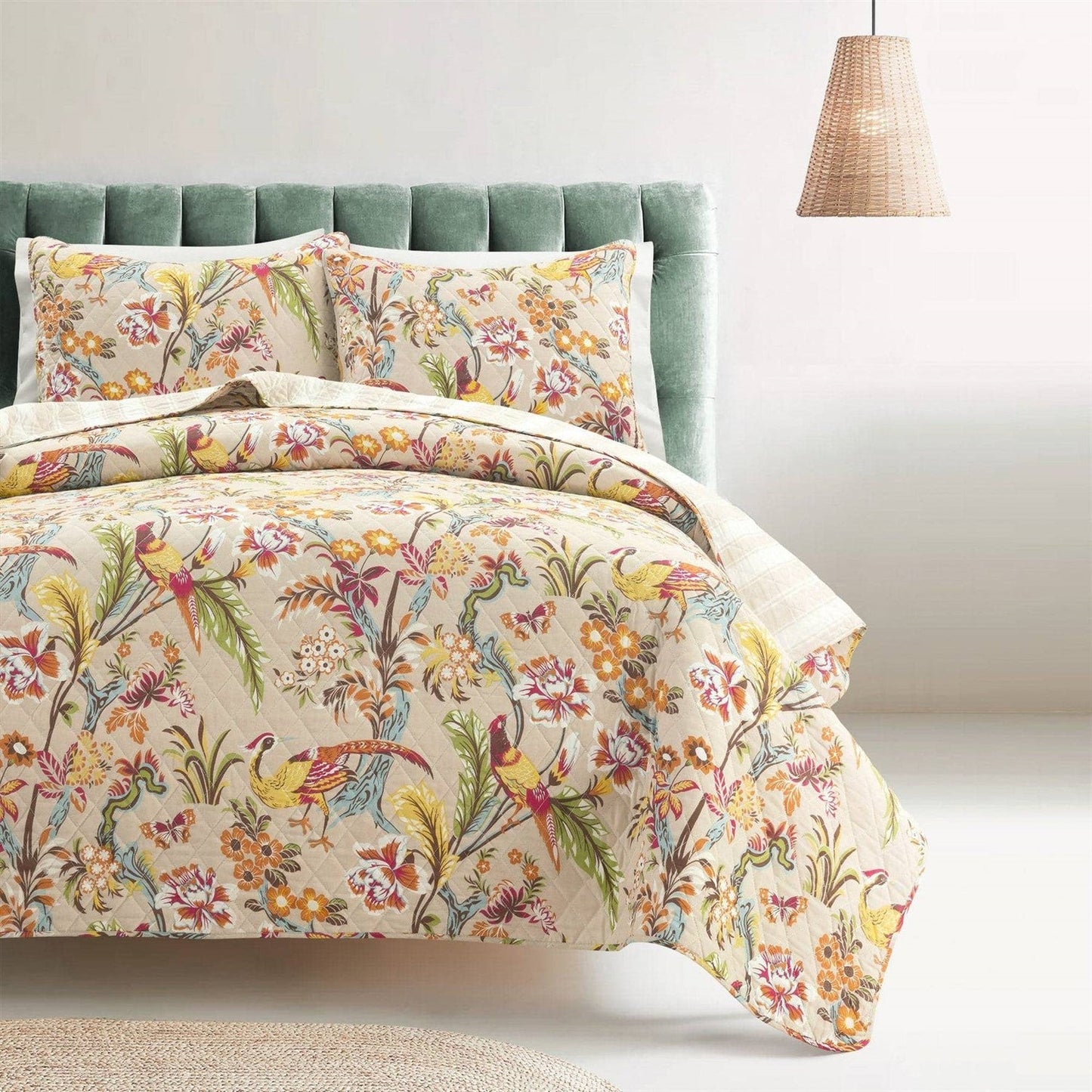 Full/Queen Size 3 PCS Lightweight Peacocks Polyester Quilt Set Tan — Chic Home-Decor