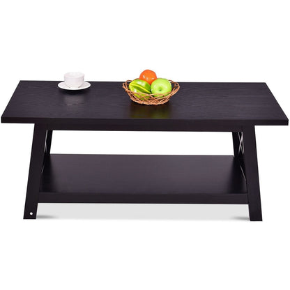 Modern Classic Black Wood Coffee Table with Bottom Shelf