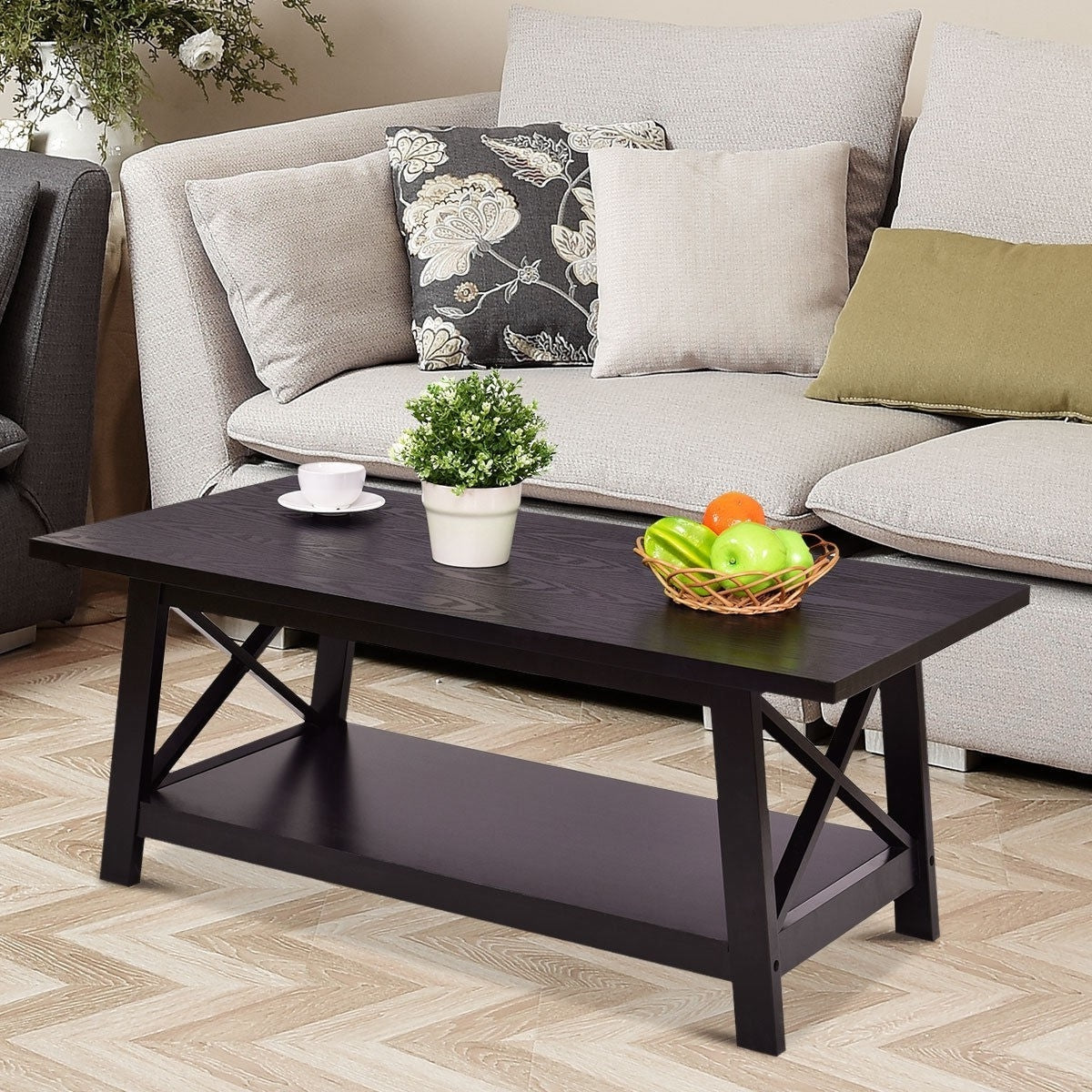 Modern Classic Black Wood Coffee Table with Bottom Shelf