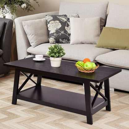 Modern Classic Black Wood Coffee Table with Bottom Shelf