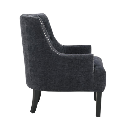 Daisie Accent Armchair, Button Tufted Black Chenille, Solid Wood